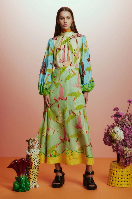 High Collar Lantern Sleeve Patchwork Dress