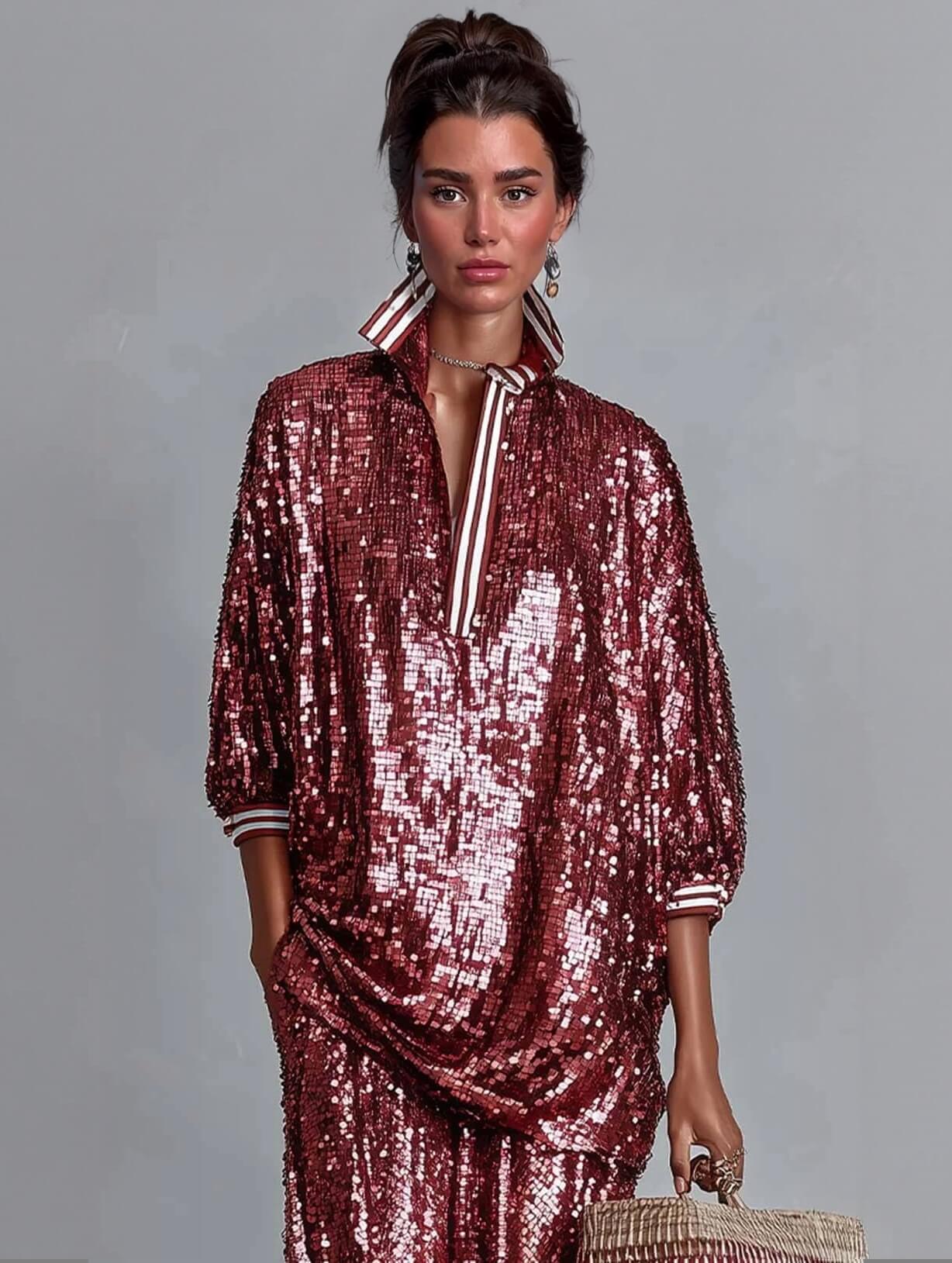 Charming Sequin Stripe Trim Oversized Top