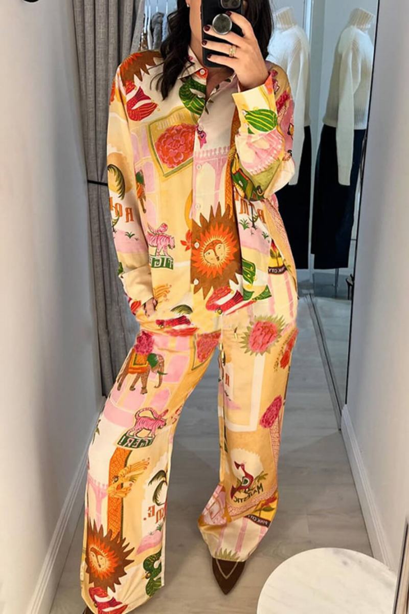 Unique Printed Casual Shirt Top and Elastic Waist Loose Pants Set