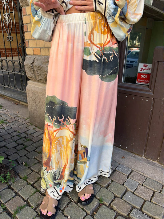 Unique Satin Landscape Print Loose Oversized Shirt