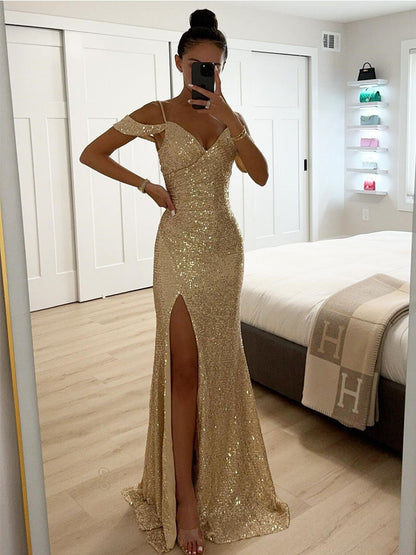 Sequin Sling Slit Evening Dress