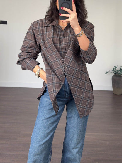 Casual Plaid Asymmetrical Padded Shoulder Shirt