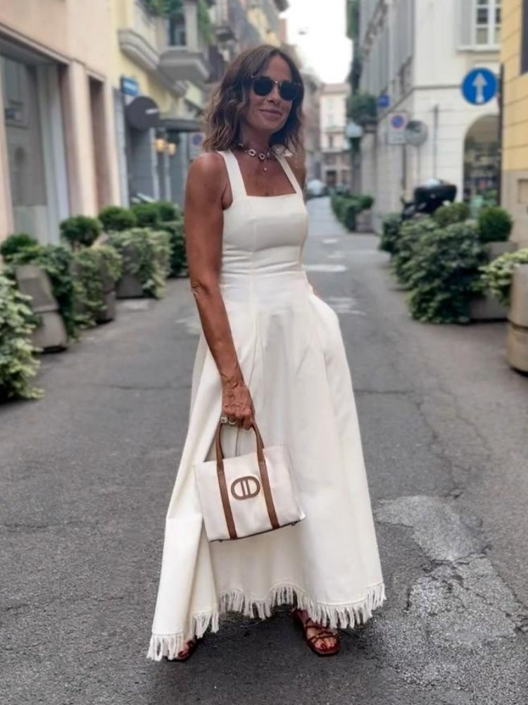 Boho Fringed White Maxi Dress with Pockets