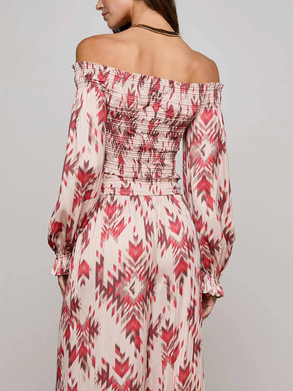 Retro Printed Ruched Stretch Off-Shoulder Top