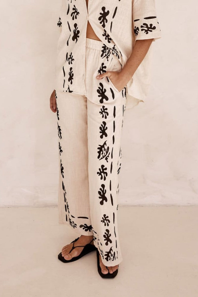 Black Printed Cream Wide Leg Pants-Set