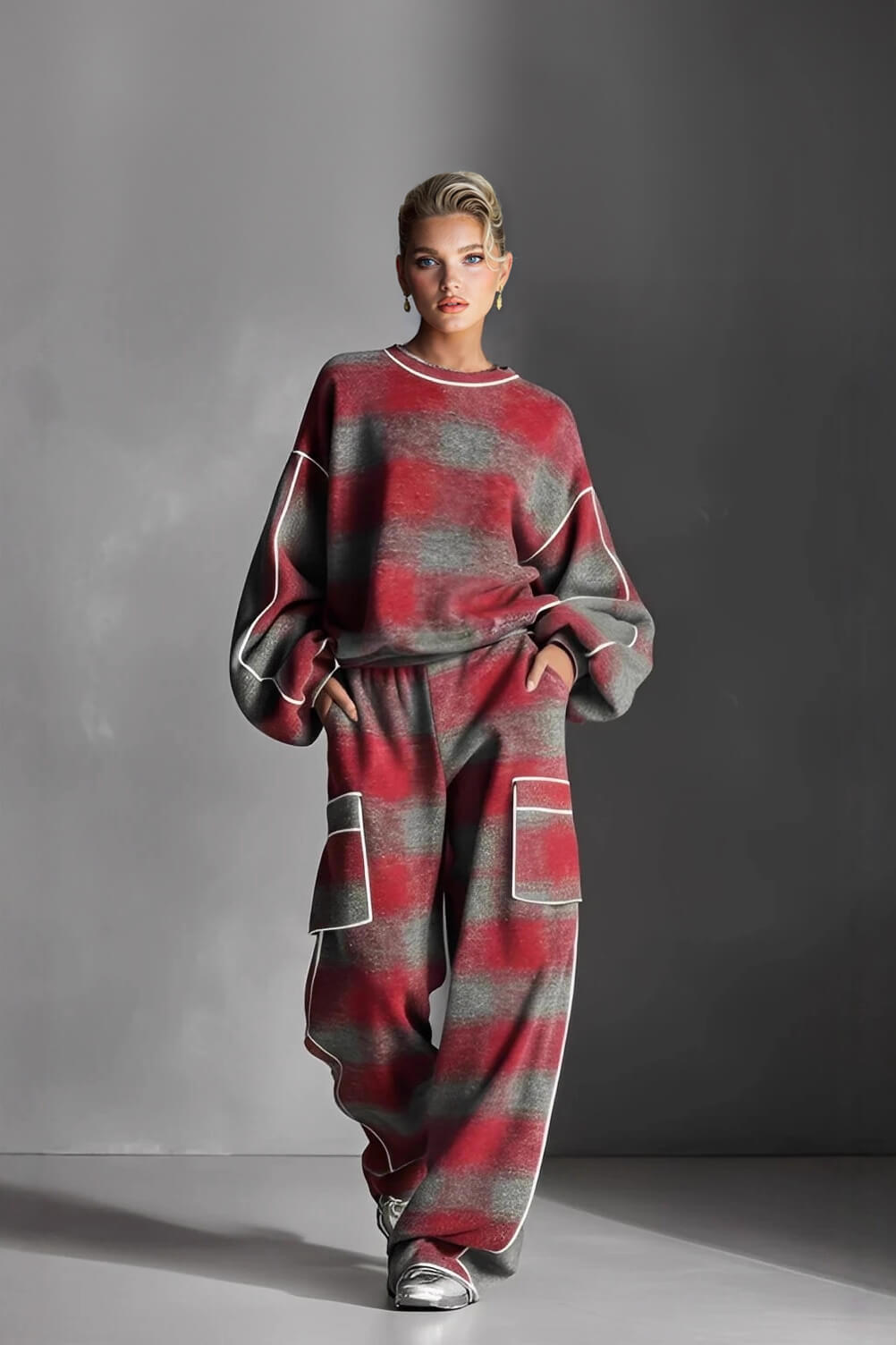 Fashion Street-Style Red and Gray Plaid Color-Block Loose Top