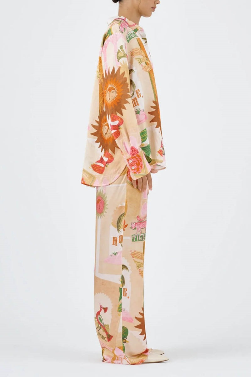 Unique Printed Casual Shirt Top and Elastic Waist Loose Pants Set