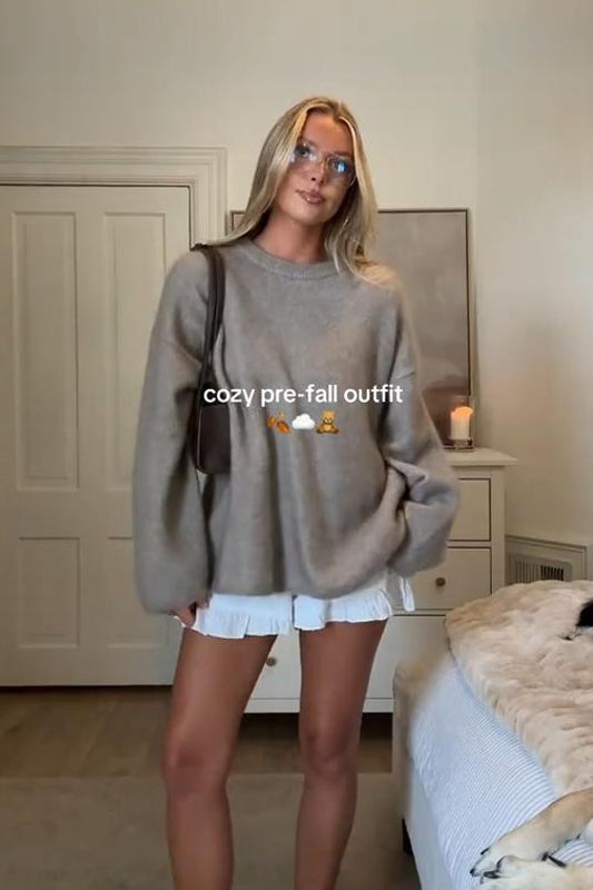 Cozy Knit Sweater & Ruffled White Shorts Set