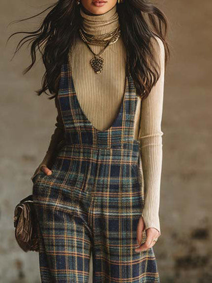 Casual Retro Plaid Wide-leg Overalls