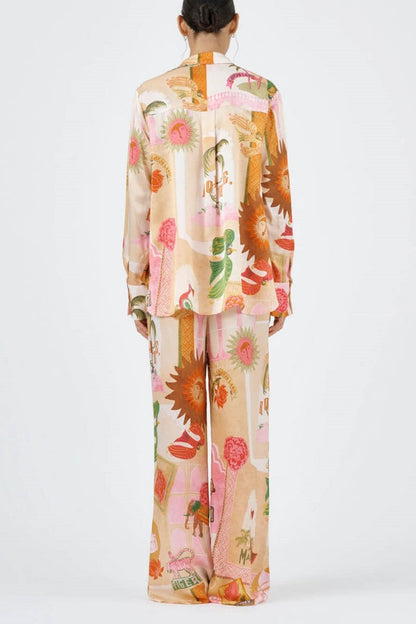 Unique Printed Casual Shirt Top and Elastic Waist Loose Pants Set