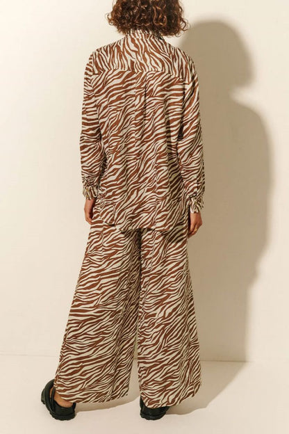 Button Open Collar Loose Zebra Print Drawstring Wide Leg Pants-Set