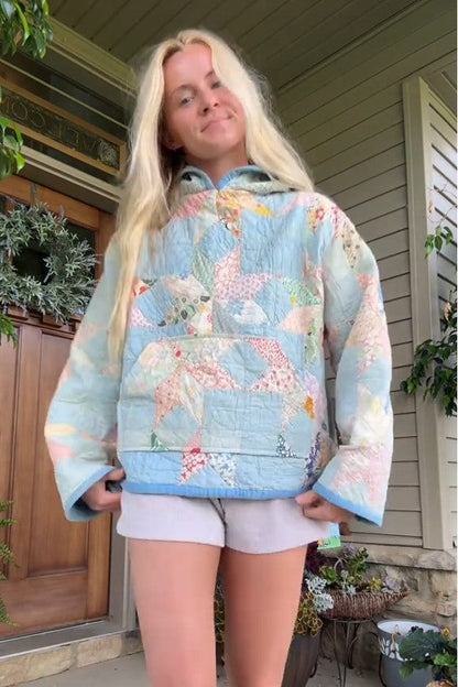 Colorful Floral Patchwork Print Quilted Hoodie