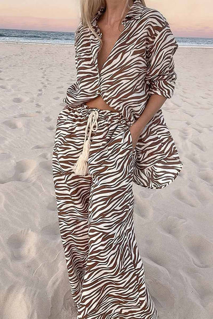 Button Open Collar Loose Zebra Print Drawstring Wide Leg Pants-Set