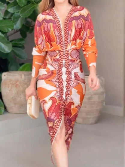 V-Neck Slit Print Dress