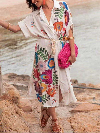 Casual Positioning Print Loose Resort Shirt Midi Dress