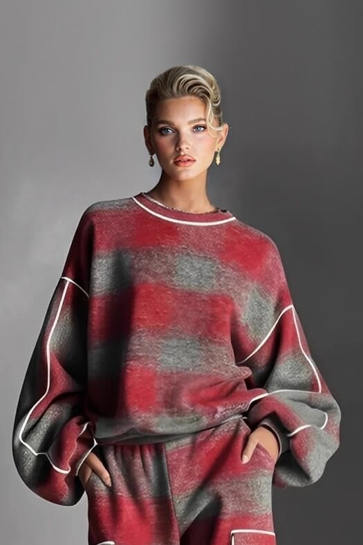 Fashion Street-Style Red And Gray Plaid Color-Block Loose Top and Wide-Leg Pants Set