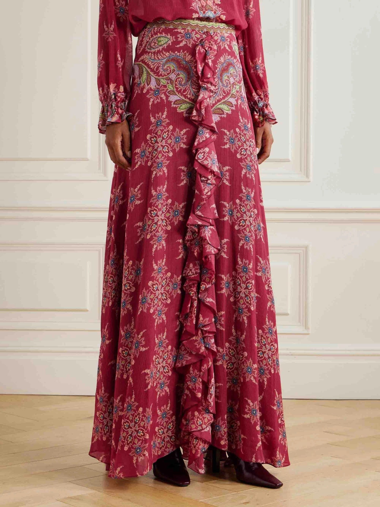 Exquisite Bohemian Ruffled Printed Chiffon Shirt