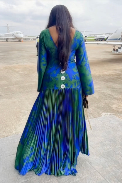 Tropical Wave Pleated Maxi Dress