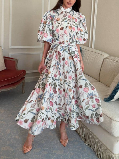 Stand Collar Puff Sleeve Print Dress