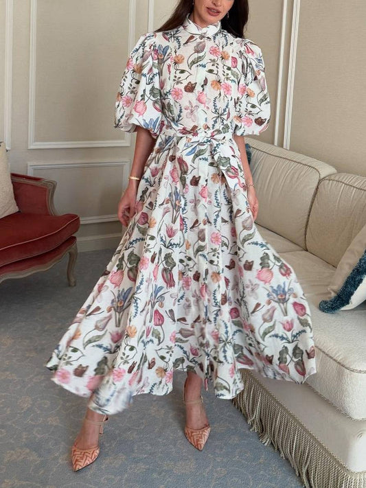 Stand Collar Puff Sleeve Print Dress