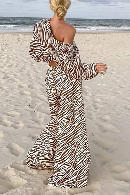 Button Open Collar Loose Zebra Print Drawstring Wide Leg Pants-Set