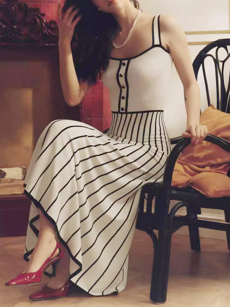 Striped Colorblock Knit Spaghetti Strap Midi Dress