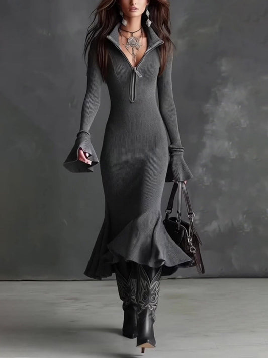 Casual Square Neck Zipper Fishtail Knit Midi Dress