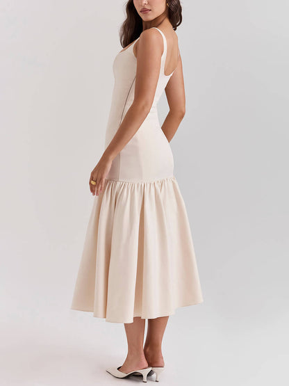 Graceful Square Neck Wide Strap Drop Waist Midi Dress