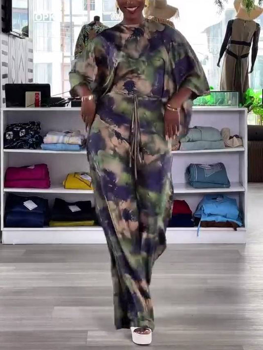 Printed Lace-up Shirt And Wide Leg Pants Suit-Shirt