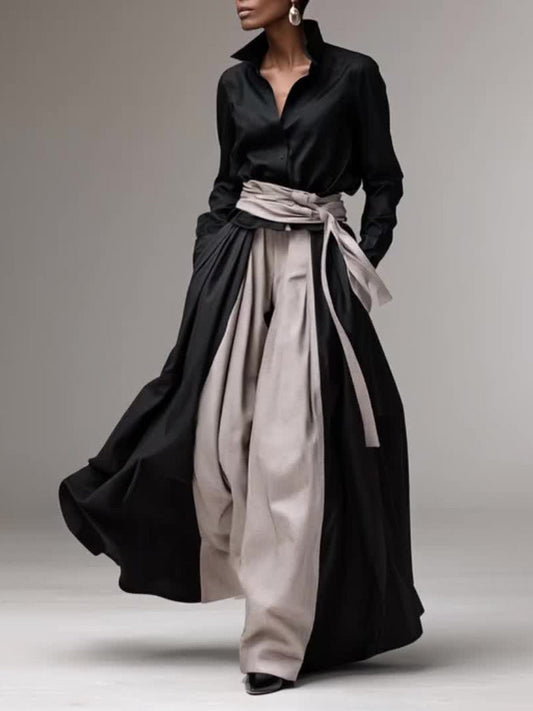 Elegant Contrast-Waist Shirt & Wide-Leg Pants Two-Piece Set