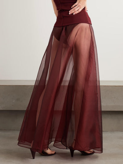 Elegant Strapless Fitted Top And Sheer Maxi Skirt Two-Piece Set