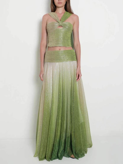 Elegant Ombre Printed One-Shoulder Cutout Top and High-Waisted A-Line Skirt Set