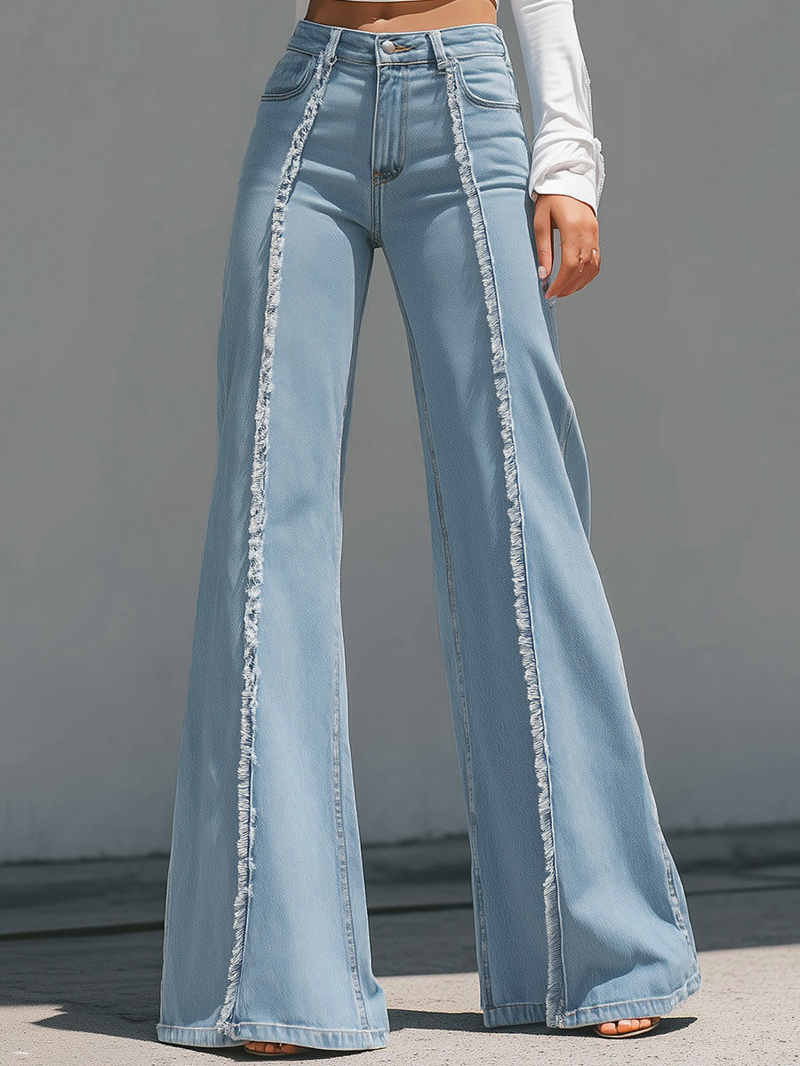 High-Waisted Light Blue Flared Jeans With Raw Edge Seams