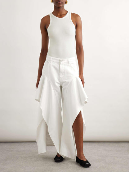 Ruffled Mid-Rise Wide-Leg Jeans