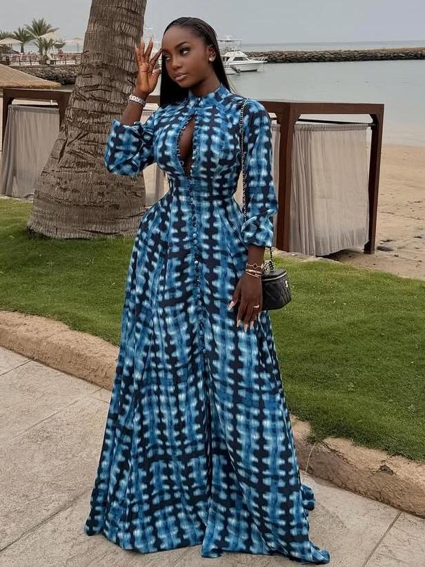 Blue Tie-Dye Button-Front Maxi Dress