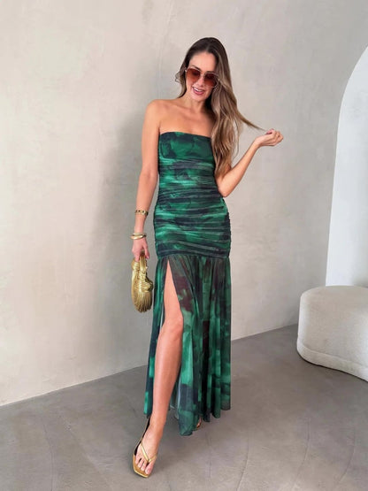 Fringed High-Slit Bustier Maxi Dress