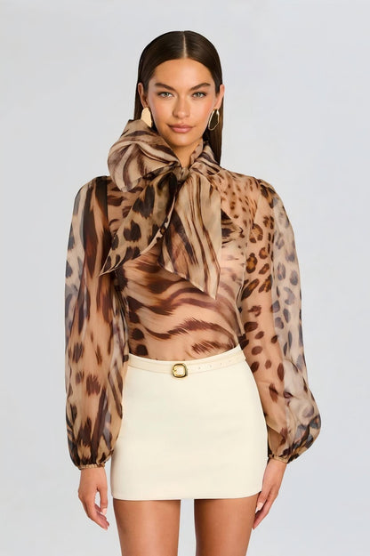 Animal Print Sheer Blouse – Bow Tie Neck