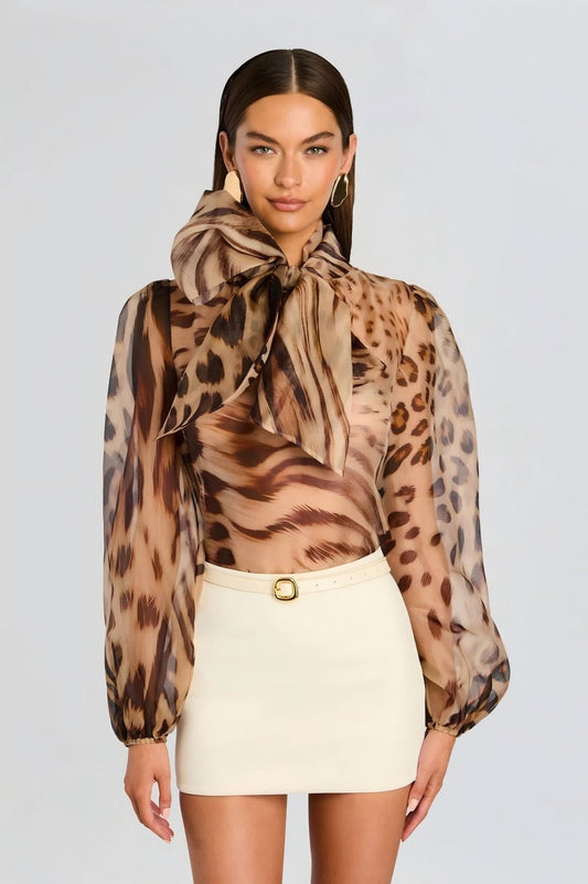 Animal Print Sheer Blouse – Bow Tie Neck