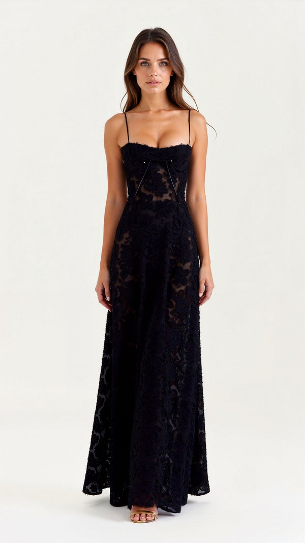 Nocturne Naya Lace Maxi Dress | Sheer Overlay | Spaghetti Straps