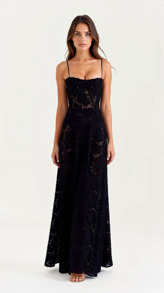 Nocturne Naya Lace Maxi Dress | Sheer Overlay | Spaghetti Straps