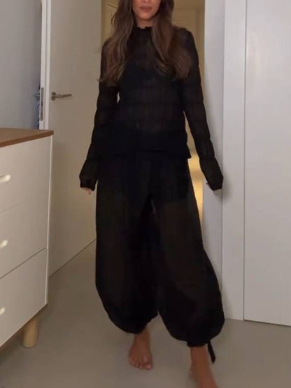 Vacation Style Long Sleeved Pleated Shirt Knickerbockers Set-shirt