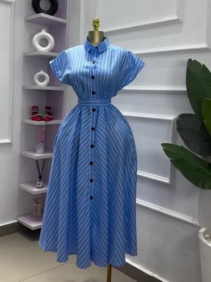 Striped Shirt-Collar Button Midi Dress