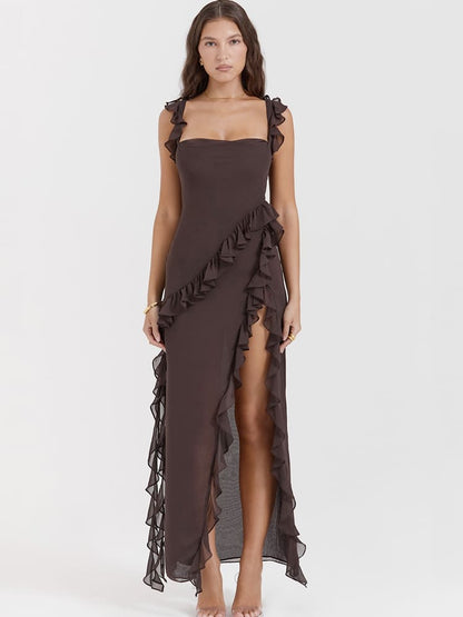 Ruffled Long Maxi Slip Dress - Coffee