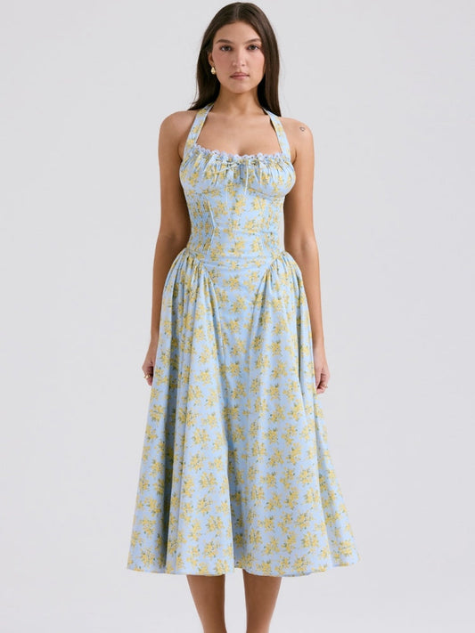 Soft Blue Vintage Floral Print Backless Tank Dress