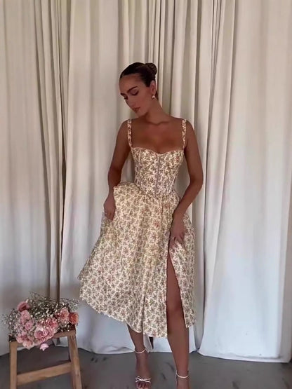 Backless Floral Slit Midi Dress