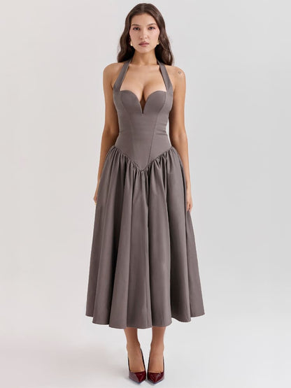 Halter Neck Midi Dress with Side Slit - Smoky Gray