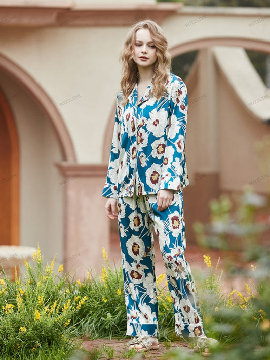 Blue Floral Pattern Ice Silk Long Sleeve Loungewear Set