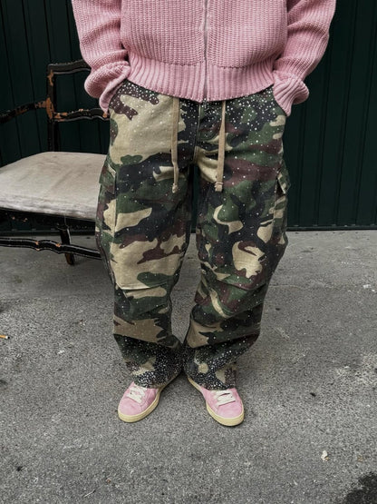 Camo Rhinestone Drawstring Cargo Pants