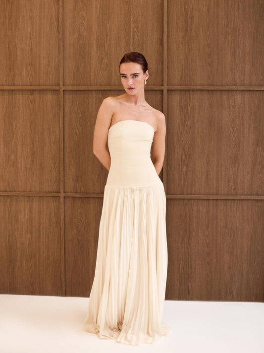 Strapless Ruched Bodice Pleated Maxi Dress With Cape