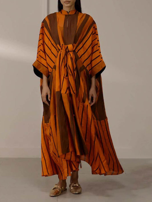 Fashion Striped Patchwork Cape-Style Tie-Up Asymmetric Midi Dress